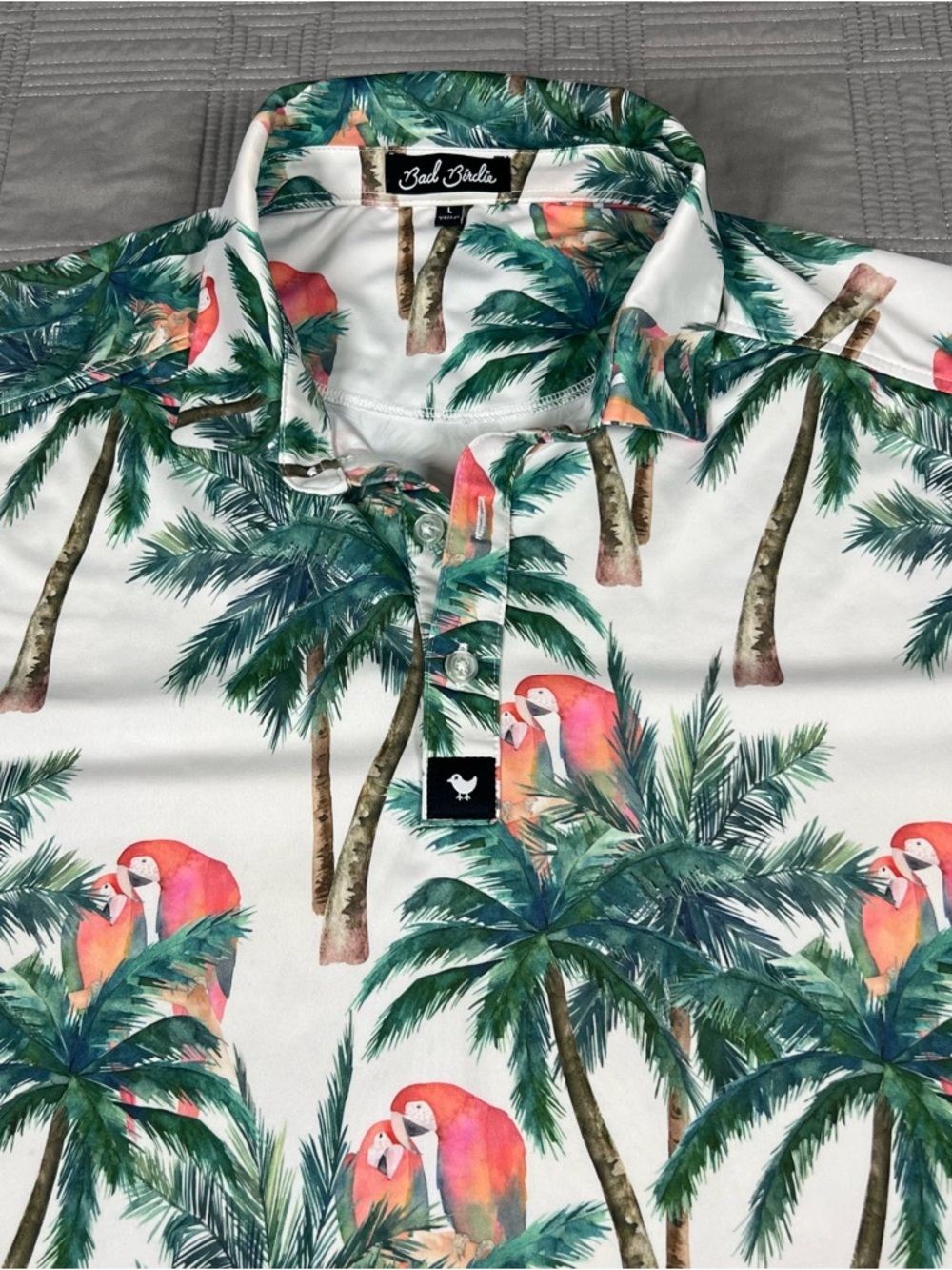 Bad Birdie Polo Shirt Mens Size L Parrot Print Short Sleeve Golf Novelty Stretch